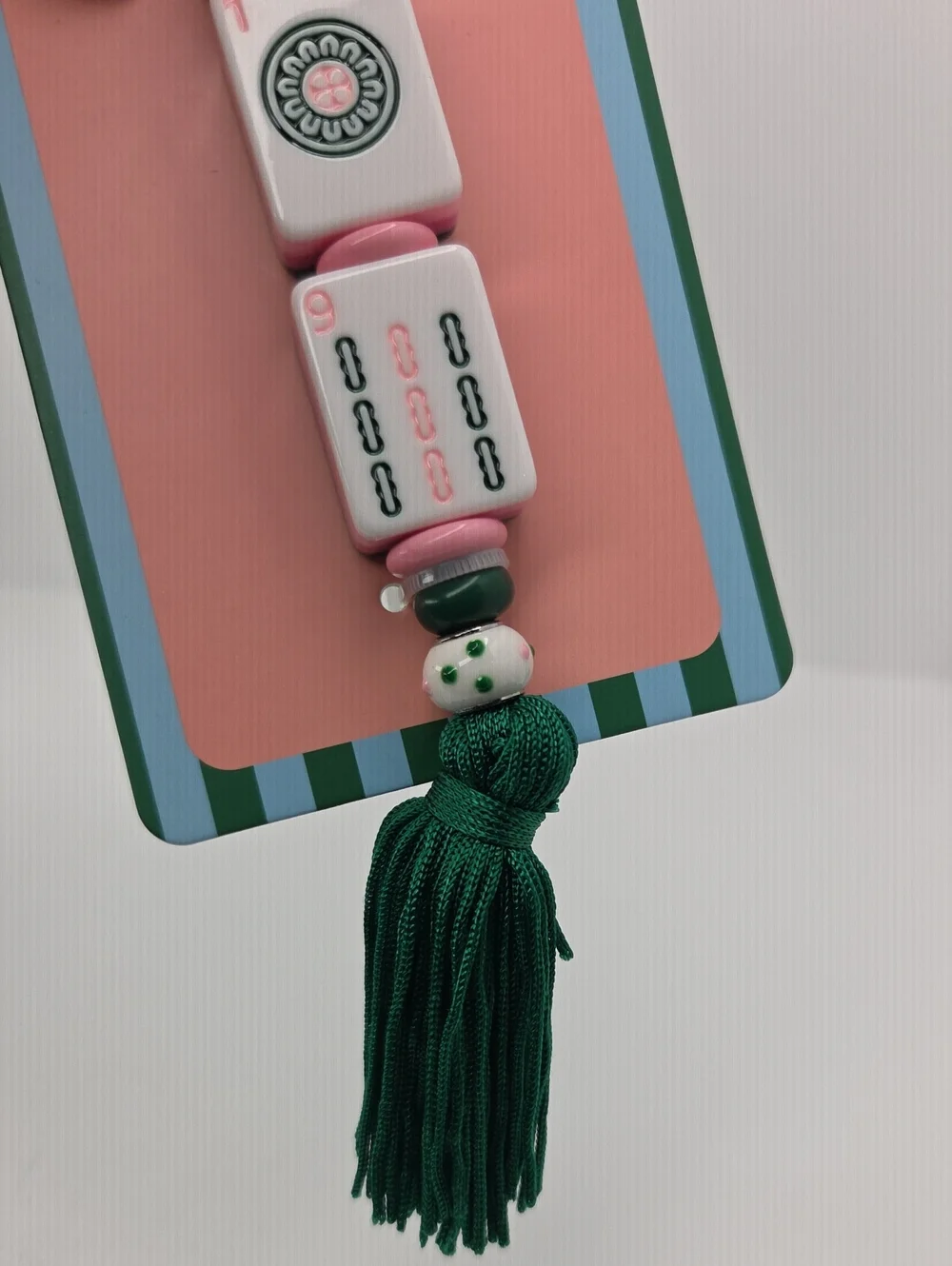 💕▪️piper K ▪️ Pink Mahjong Tile Bag Charm & Key Chain with Green Tassel